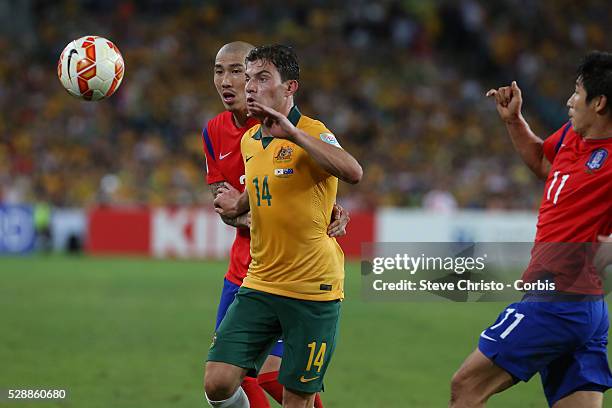 Australia's James Troise is challenged for the ball by Lee Keun Ho and Cha Du Ri from the Korea Republic at Stadium Australia. Sydney Australia....