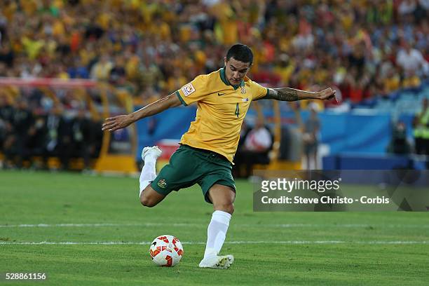 Australia's Tim Cahill shoots at goal and hurts his foot during the match against Korea Republic at Stadium Australia. Sydney Australia. Saturday,...