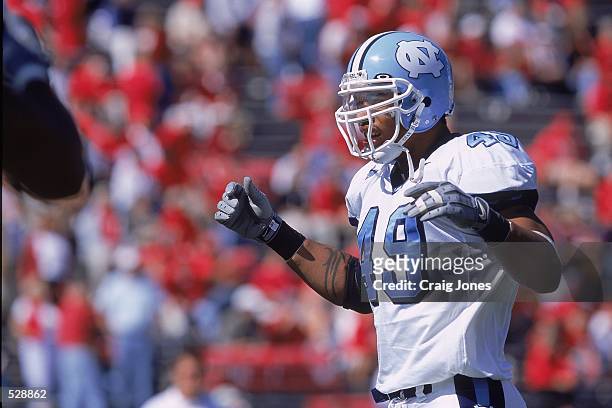 Julius Peppers of the University of North Carolina Tar Heels reacts to the action during the game against the North Carolina State University...