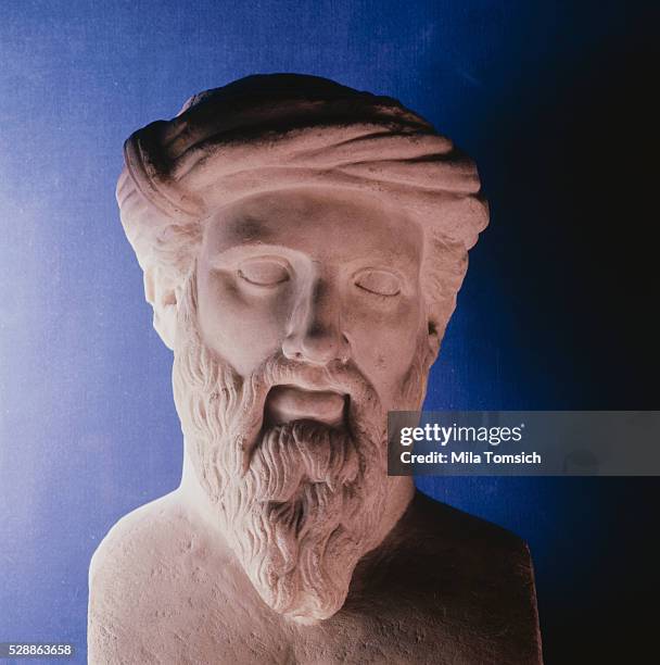 Pythagoras, 5th century B.C. Greek Mathematician. Marble portrait of the Greek Mathmatician. . Undated, artist unknown.