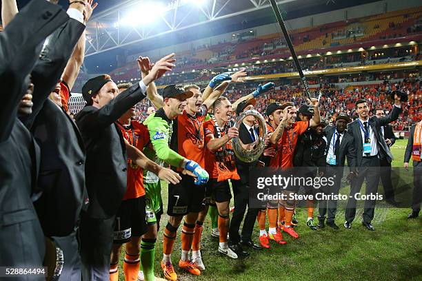 Brisbane Roar celebrate with their fans after beating the Wanderers in the grand final at Suncorp Stadium. Brisbane, Australia. Sunday 4th May 2014.