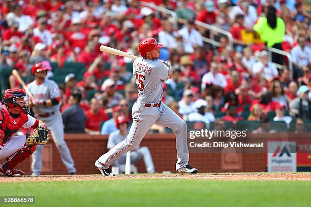 Jordan Pacheco of the Cincinnati Reds bats against the St. Louis Cardinals at Busch Stadium on April 17, 2016 in St. Louis, Missouri.