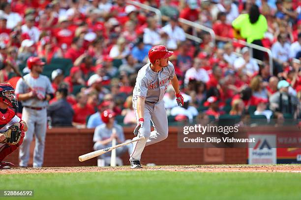 Jordan Pacheco of the Cincinnati Reds bats against the St. Louis Cardinals at Busch Stadium on April 17, 2016 in St. Louis, Missouri.