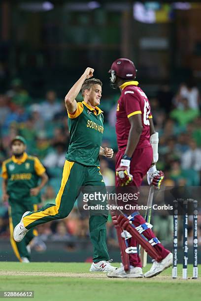 South Africa's Morne Morkel celebrates finishing off the West Indies with the wicket of Sulieman Benn at the Sydney Cricket Ground. Sydney,...