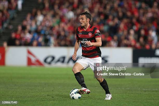 League semi final Western Sydney Wanderers FC v Brisbane Roar FC at Parramatta Stadium. Wanderers Mark Bridge in action. Friday 12th April 2013....