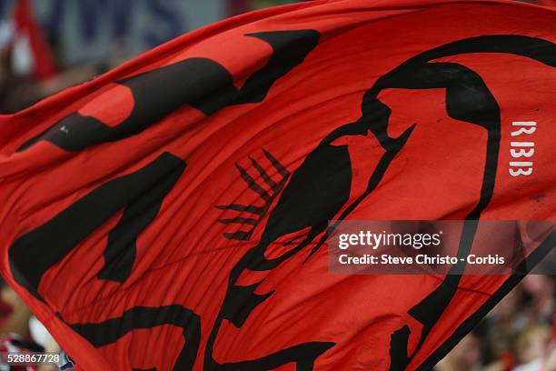 League semi final Western Sydney Wanderers FC v Brisbane Roar FC at Parramatta Stadium. Wanderers flag the Red Black Block . Friday 12th April 2013....