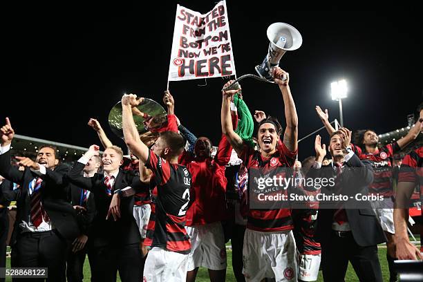 League semi final Western Sydney Wanderers FC v Brisbane Roar FC at Parramatta Stadium. Wanderers team celebrate with the crowd after the match....