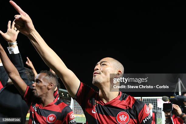 League semi final Western Sydney Wanderers FC v Brisbane Roar FC at Parramatta Stadium. Wanderers Shinji Ono and Youssouf Hersi after the match....