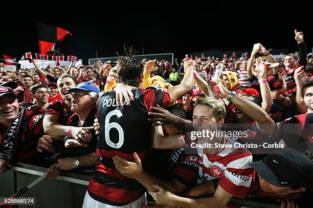 League semi final Western Sydney Wanderers FC v Brisbane Roar FC at Parramatta Stadium. Wanderers Jerome Polenz celebrates with the crowd after the...