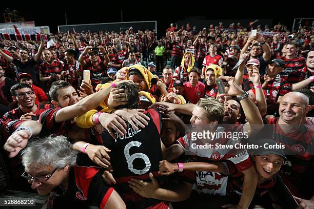 League semi final Western Sydney Wanderers FC v Brisbane Roar FC at Parramatta Stadium. Wanderers Jerome Polenz celebrates with the crowd after the...
