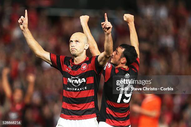 League semi final Western Sydney Wanderers FC v Brisbane Roar FC at Parramatta Stadium. Wanderers goal scorer Dino Kresinger and Marck Bridge...