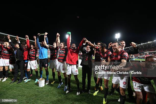 League semi final Western Sydney Wanderers FC v Brisbane Roar FC at Parramatta Stadium. The Wanderers celebrate with the premiers Plate. Friday 12th...