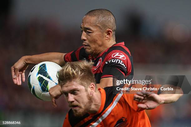 League semi final Western Sydney Wanderers FC v Brisbane Roar FC at Parramatta Stadium. Wanderers Shinji Ono in action against Luke Brattan. Friday...