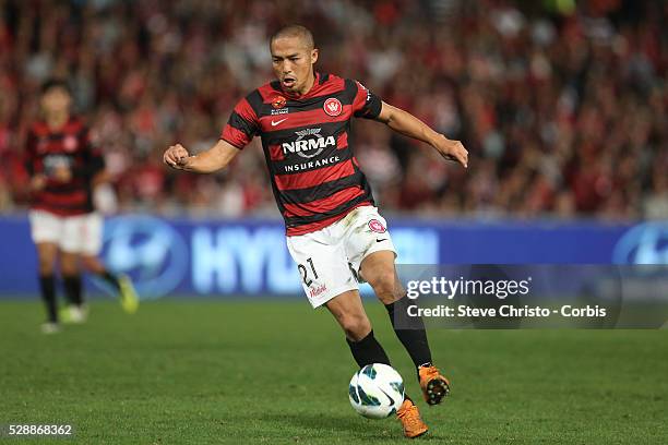 League semi final Western Sydney Wanderers FC v Brisbane Roar FC at Parramatta Stadium. Wanderers Shinji Ono celebrates his goal with teammates....