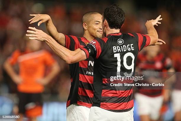 League semi final Western Sydney Wanderers FC v Brisbane Roar FC at Parramatta Stadium. Wanderers Shinji Ono celebrates his goal with teammate Mark...