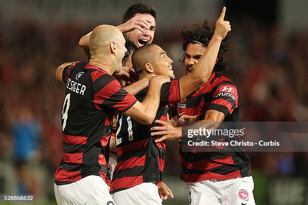 League semi final Western Sydney Wanderers FC v Brisbane Roar FC at Parramatta Stadium. Wanderers Shinji Ono celebrates his goal with teammates....