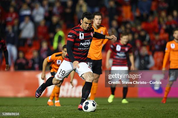 Mark Bridge from the Wanderers takes a penalty during the FFA Cup match between the Western Sydney Wanderers and Brisbane Roar at Pepper Stadium...