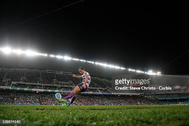 Cameron Smith of the Storm kicks from touch during the Qualifying Final match between Sydney Roosters and Melbourne Storm at Allianz Stadium on...