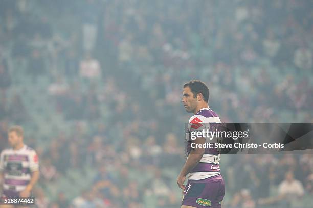 Cameron Smith of the Storm in action in a smoke filled stadium during the Qualifying Final match between Sydney Roosters and Melbourne Storm at...