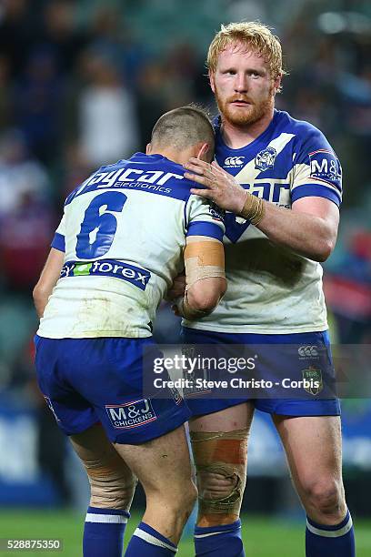 Josh Reynolds and James Graham of the Bulldogs after the Semi Final 1 match between the Sydney Roosters and the Canterbury Bankstown Bulldogs at...