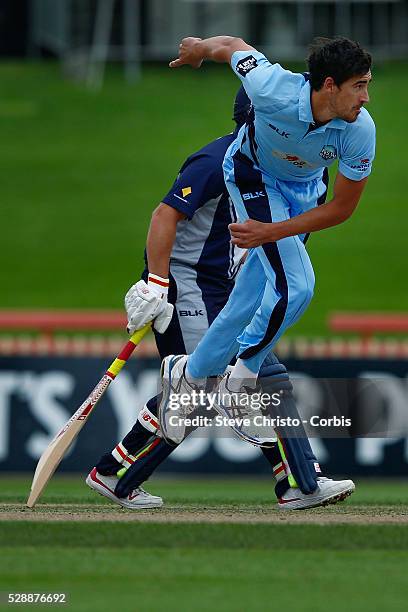 Mitchell Starc of the Blues bowling against the Bushrangers during the Matador BBQ's One-Day Cup between New South Wales Blues and Victorian...