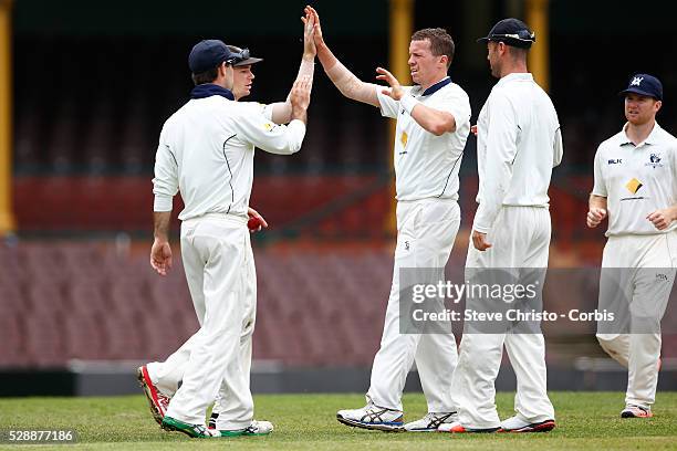 Peter Siddle of Victoria celebrates the wicket of Blues Ryan Carters during the Sheffield Shield match between New South Wales and Victoria at the...