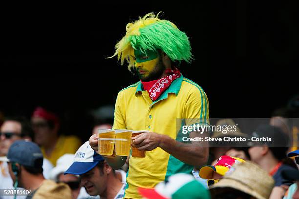 Colourful fan takes his seat during the first day of the third Test match between Australia and the West Indies at the Sydney Cricket Ground. Sydney,...