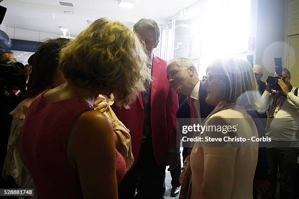 Prime Minister Malcolm Turnbull and wife Lucy greet the baby Madison during the third day of the third Test match between Australia and the West...