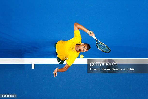 Nick Kyrgios of Australia serves during his match against The World's Gael Monfils during the Fast 4 tennis tournament at Allophones Arena. Sydney,...