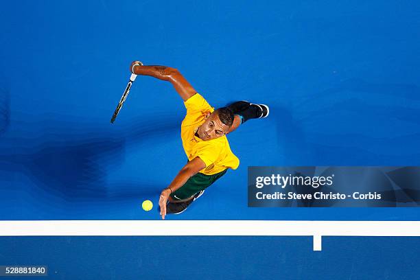 Nick Kyrgios of Australia serves during his match against The World's Gael Monfils during the Fast 4 tennis tournament at Allophones Arena. Sydney,...