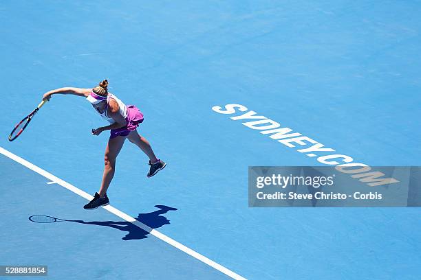 Elina Svitolina of Ukraine serves during her match against Germany's Angelique Kerber on the Ken Rosewall Arena at the Apia International Sydney in...