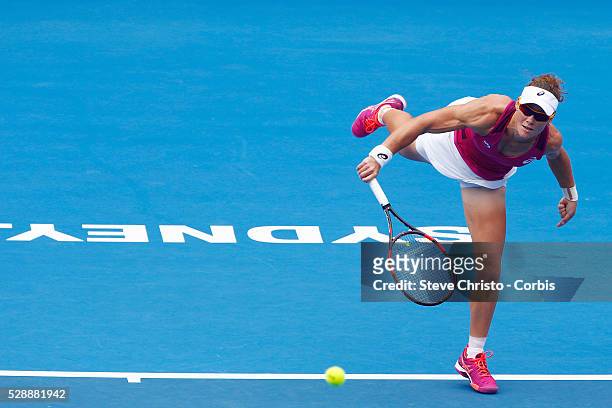 Samantha Stosur of Australia serves during her match on Ken Rosewall Arena against Slavakia's Daniela Hantuchova during the Apia International Sydney...