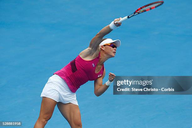 Samantha Stosur of Australia serves during her match on Ken Rosewall Arena against Slavakia's Daniela Hantuchova during the Apia International Sydney...