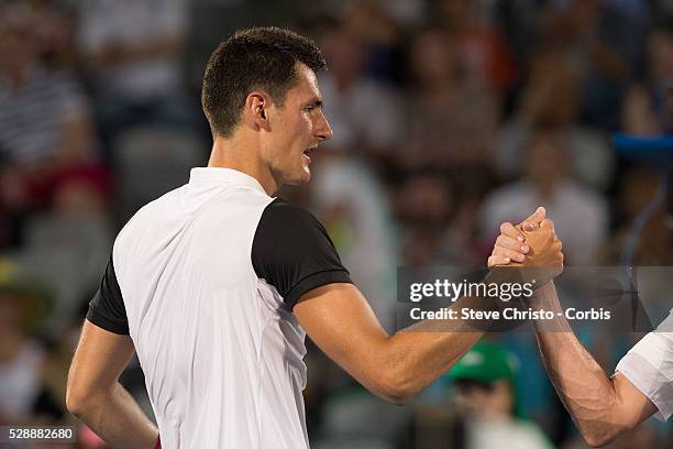 Bernard Tomic of Australia wins his match against Australia's Jordan Thompson on Ken Rosewall Arena at the Apia International Sydney at Sydney...