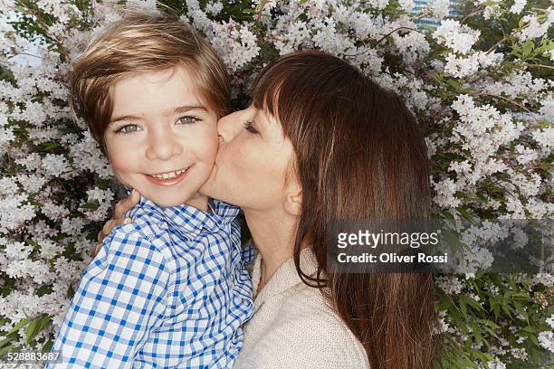 mother kissing son with flowers in background - hazel bond stock pictures, royalty-free photos & images
