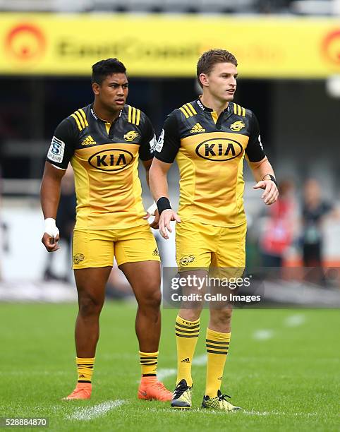 Julian Savea with Beauden Barrett of the Hurricanes during the Super Rugby match between Cell C Sharks and Hurricanes at Growthpoint Kings Park on...