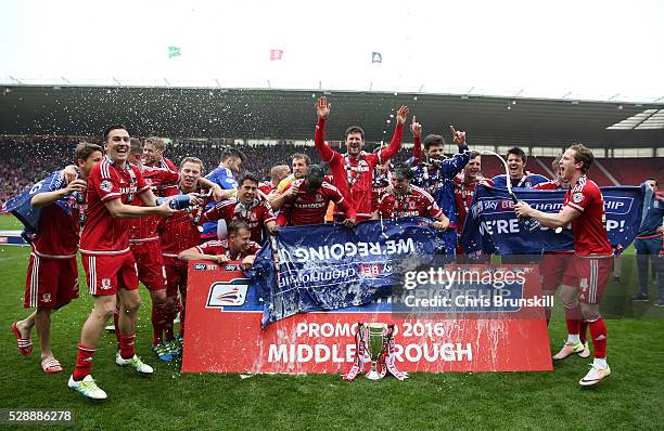 Middlesbrough players celebrate their promotion to the Premier League after the Sky Bet Championship match between Middlesbrough and Brighton and...