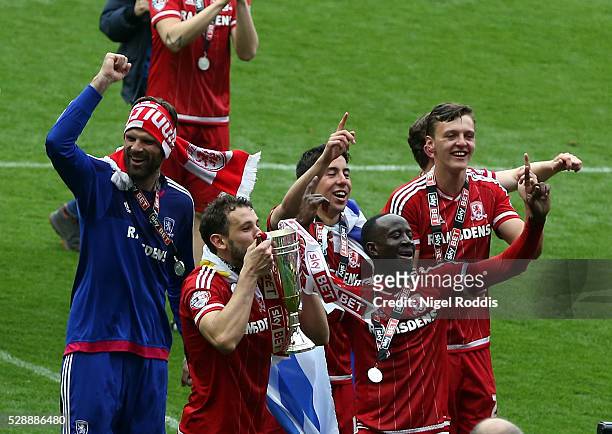 Middlesbrough players celebrate promotion after the Sky Bet Championship match between Middlesbrough and Brighton and Hove Albion at the Riverside...