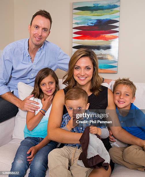 Paula Faris with husband John Krueger, Caroline, JJ, and Landon at home in Larchmont, New York.