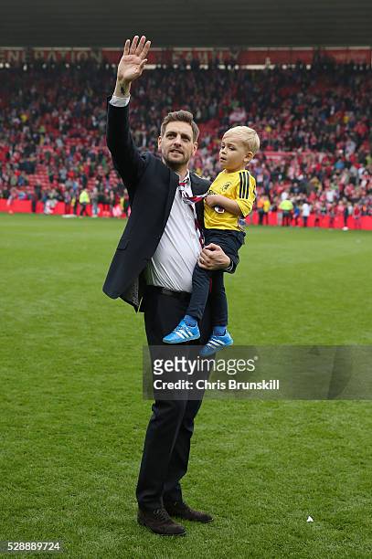Jonathan Woodgate waves to fans after the Sky Bet Championship match between Middlesbrough and Brighton and Hove Albion at the Riverside Stadium on...