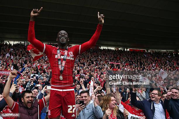 Albert Adomah of Middlesbrough celebrates following the Sky Bet Championship match between Middlesbrough and Brighton and Hove Albion at the...