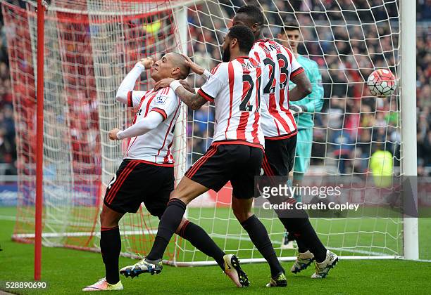 Wahbi Khazri of Sunderland celebrates scoring his team's first goal with his team mates Yann M'Vila and Lamine Kone during the Barclays Premier...