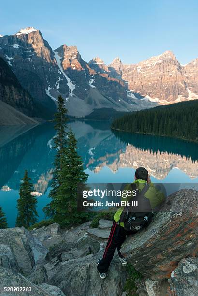 moraine lake and valley of ten peaks with hiker - double facepalm stock pictures, royalty-free photos & images