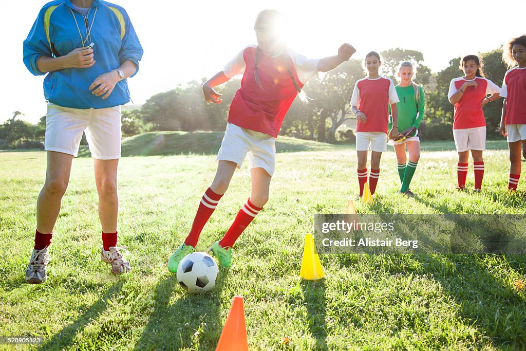 Girls soccer team training