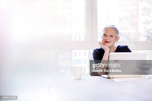 portrait of a mature business woman with a laptop - white color worker stock pictures, royalty-free photos & images