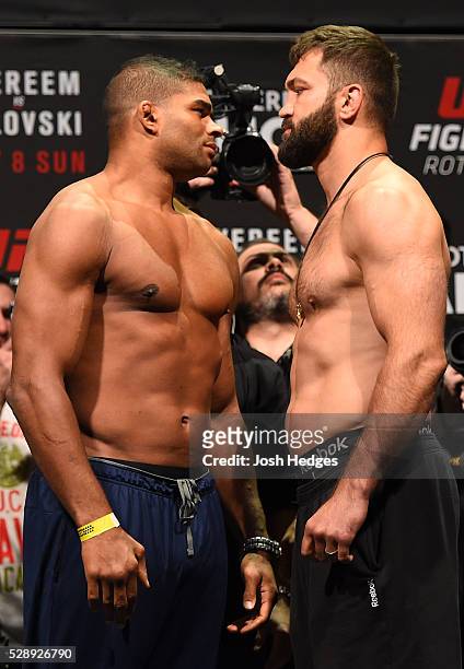 Opponents Alistair Overeem of The Netherlands and Andrei Arlovski of Belarus face off during the UFC weigh-in at Ahoy Rotterdam on May 7, 2016 in...