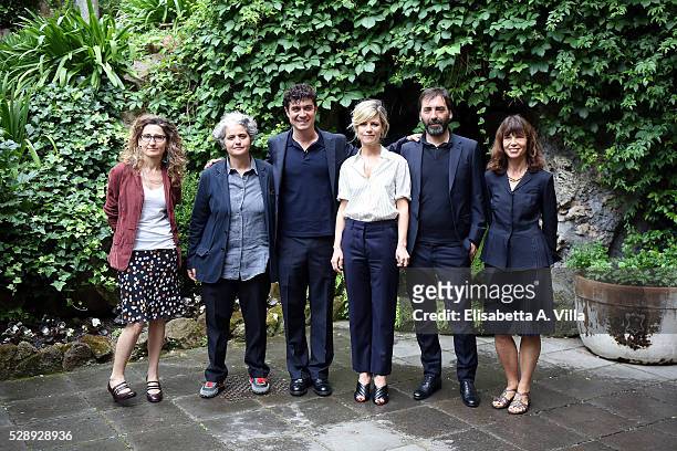 Screenwriter Valia Santella, guest, Riccardo Scamarcio, Marina Fois, director Stefano Mordini and screenwriter Francesca Marciano attend a photocall...