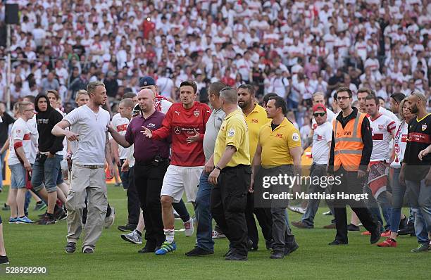 Christian Gentner of Stuttgart seen with the storming fans after the Bundesliga match between VfB Stuttgart and 1. FSV Mainz 05 at Mercedes-Benz...