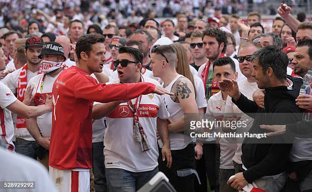 Christian Gentner of Stuttgart seen with the storming fans after the Bundesliga match between VfB Stuttgart and 1. FSV Mainz 05 at Mercedes-Benz...