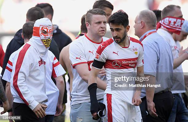 Lukas Rupp of Stuttgart walks away from fans after the Bundesliga match between VfB Stuttgart and 1. FSV Mainz 05 at Mercedes-Benz Arena on May 7,...